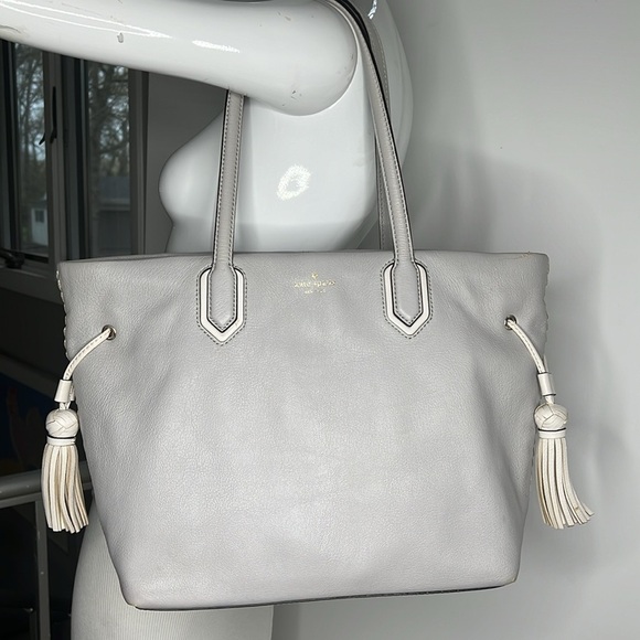 Kate Spade New York Pratt Street Brandice Zip Tote Gray Leather White Stitching - Picture 2 of 16
